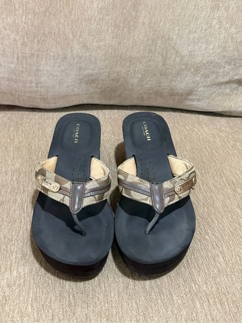 Coach Brown and Tan Signature Wedge Thong Sandals